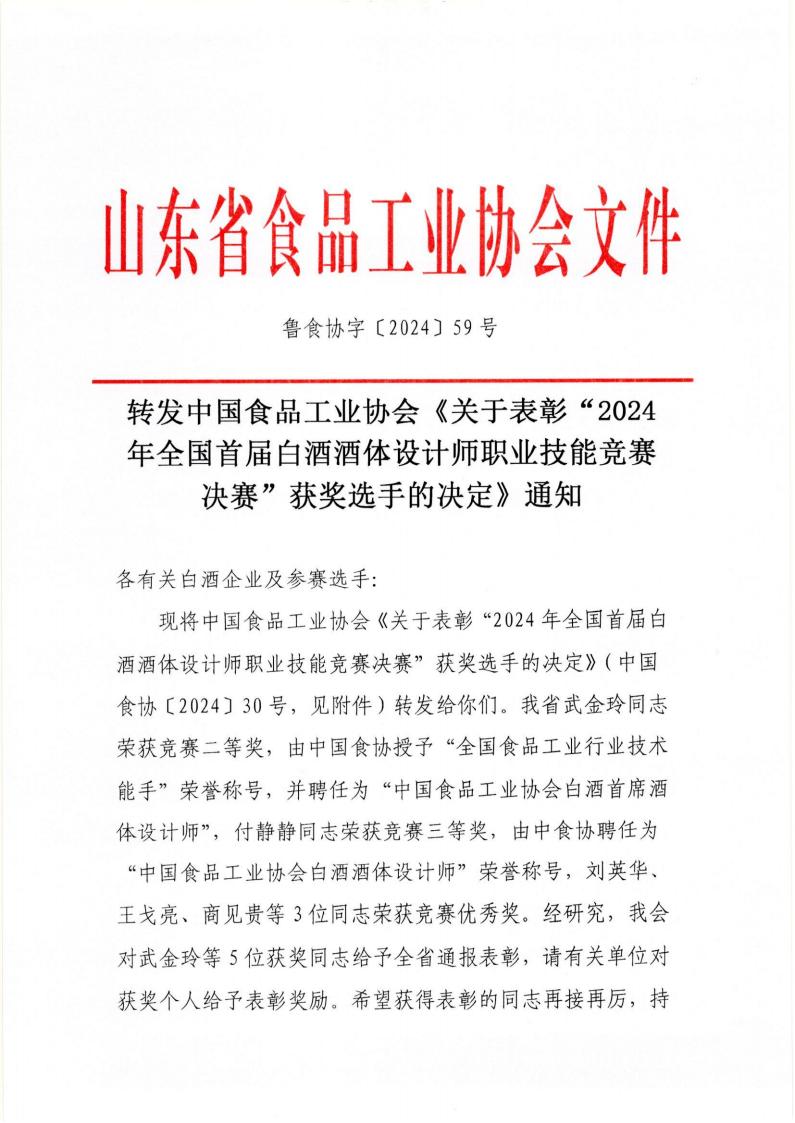 59号 转发中国食品工业协会《关于表彰“2024年全国首届白酒酒体设计师职业技能竞赛决赛”获奖选手的决定》通知_00.jpg